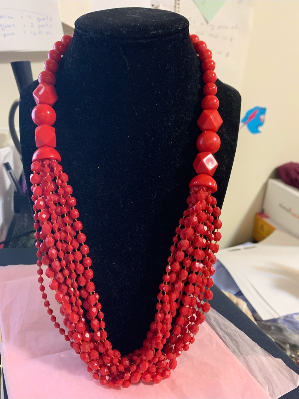Red Multi-Strand Beaded Statement Necklace - Women Jewelry